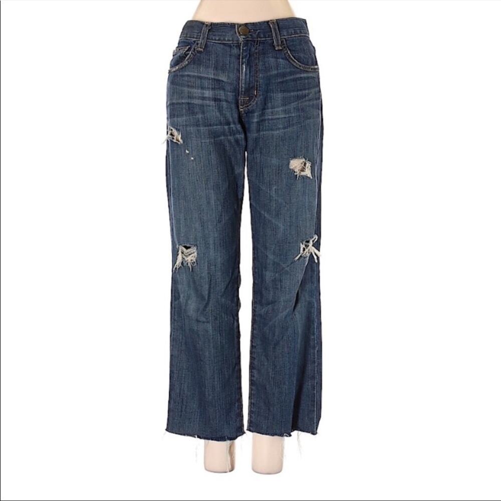 Current Elliott High Rise Distressed Raw Hem Baggy Straight Leg Ankle Jeans 24